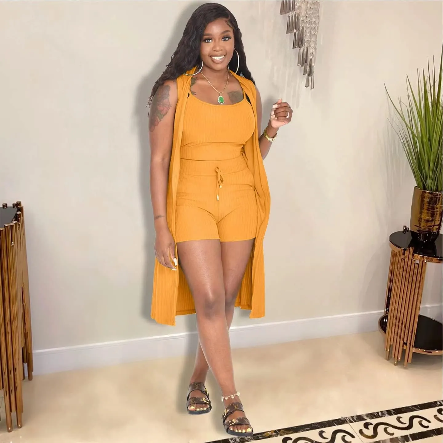 Women 3 Piece Outfits Ribbed Sleeveless Long Cardigan Crop Tank Tops Bodycon Shorts Sets Sweatsuit Lounge Set