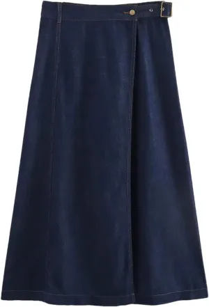 Women Blue Denim Skirt Fashion High Waist A-LINE Split Straight Leg Jeans Midi Skirts