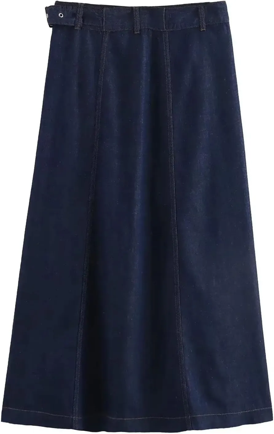 Women Blue Denim Skirt Fashion High Waist A-LINE Split Straight Leg Jeans Midi Skirts