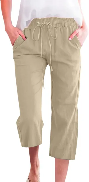 Women Capri Linen Drawstring Elastic Waist Pant Casual Knee Length Pocket Straight Wide Leg Workout Cropped Capris