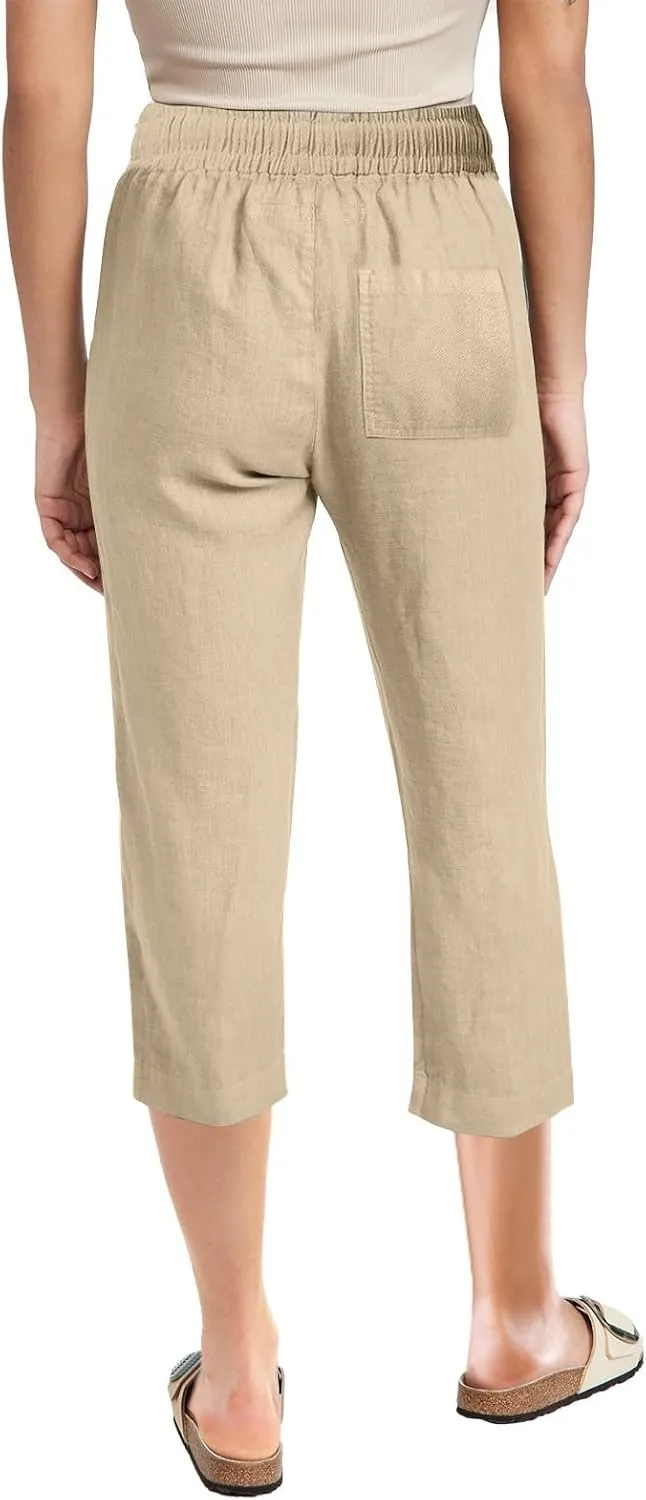 Women Capri Linen Drawstring Elastic Waist Pant Casual Knee Length Pocket Straight Wide Leg Workout Cropped Capris