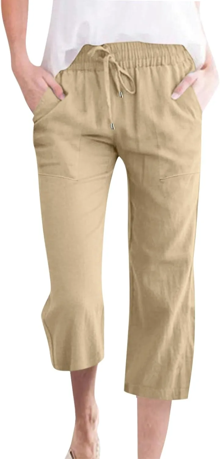 Women Capri Linen Drawstring Elastic Waist Pant Casual Knee Length Pocket Straight Wide Leg Workout Cropped Capris