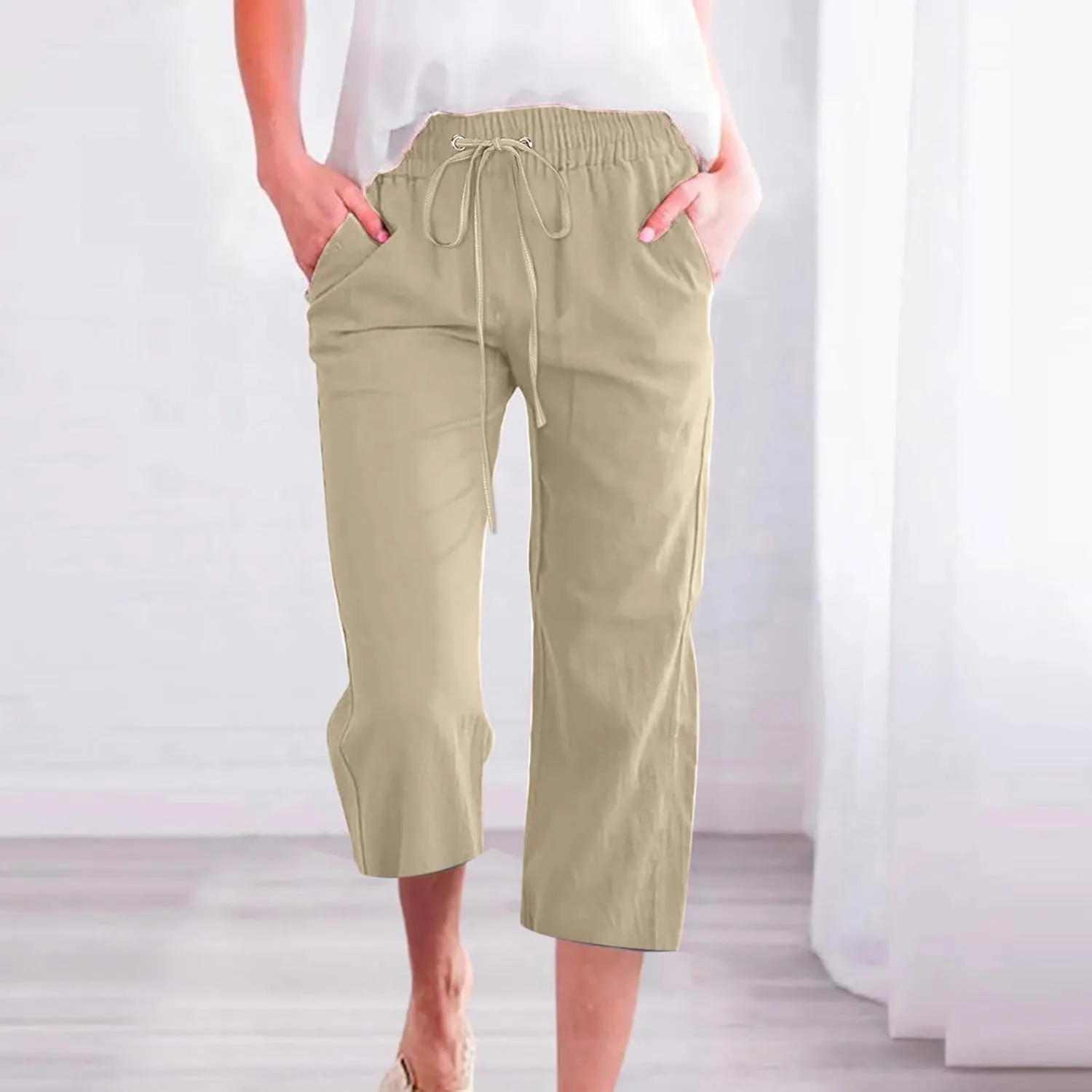 Women Capri Linen Drawstring Elastic Waist Pant Casual Knee Length Pocket Straight Wide Leg Workout Cropped Capris