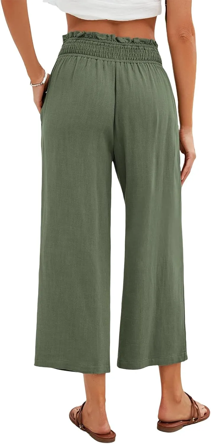 Women Capri Linen Pant Casual Loose High Waist Wide Leg Cropped Palazzo Trousers Summer Elastic Waist Flowy Beach Pants