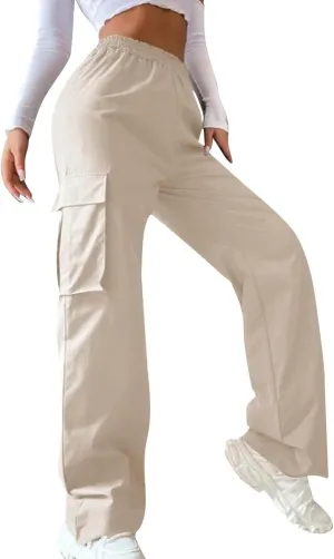 Women Cargo Pants with Pockets Elastic High Waist Casual Work Pants Dressy Straight Wide Leg Trousers 2025 Trendy