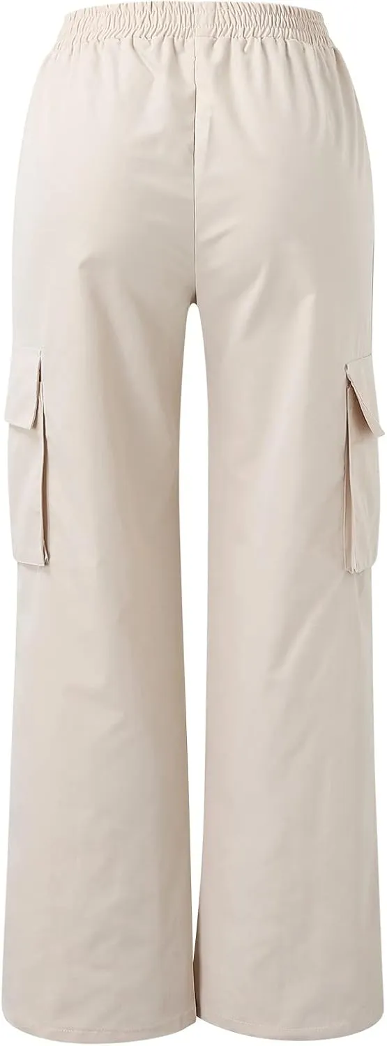 Women Cargo Pants with Pockets Elastic High Waist Casual Work Pants Dressy Straight Wide Leg Trousers 2025 Trendy