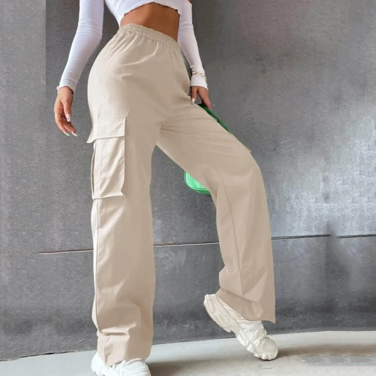 Women Cargo Pants with Pockets Elastic High Waist Casual Work Pants Dressy Straight Wide Leg Trousers 2025 Trendy