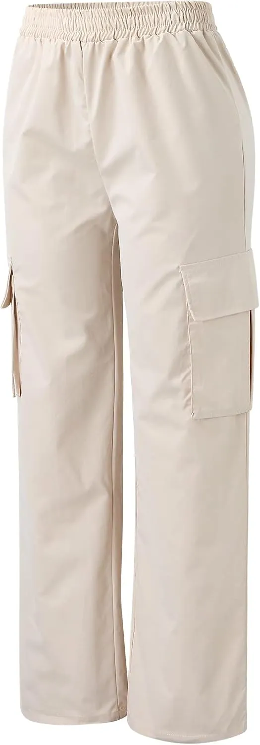 Women Cargo Pants with Pockets Elastic High Waist Casual Work Pants Dressy Straight Wide Leg Trousers 2025 Trendy