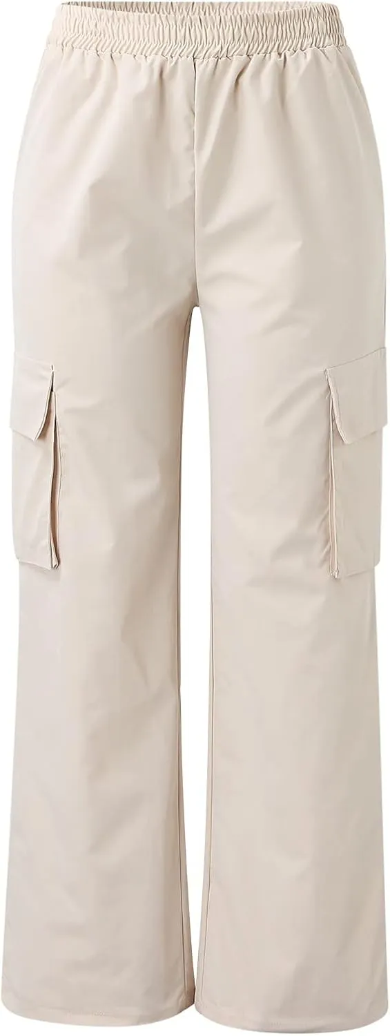 Women Cargo Pants with Pockets Elastic High Waist Casual Work Pants Dressy Straight Wide Leg Trousers 2025 Trendy