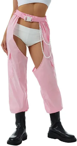 Women Fashion Cargo Pants High Rise Sweatpants Rave Reflective Pants Solid Color Color Block