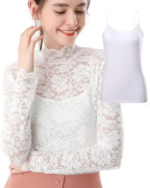 Women Floral Summer Lace Top Eyelash Trim Sexy Long Sleeves Plus Size Casual Dressy Shirt with Camisole Two Piece
