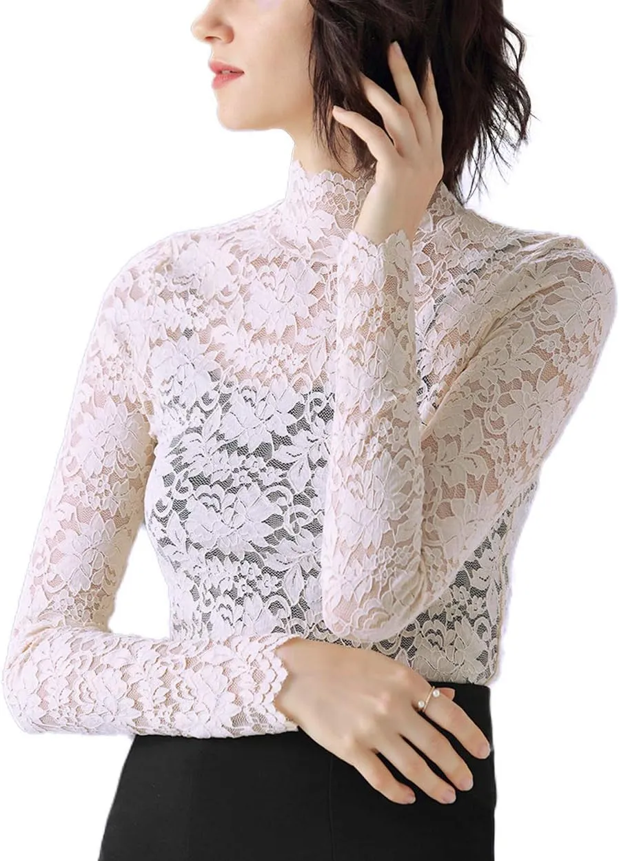 Women Floral Summer Lace Top Eyelash Trim Sexy Long Sleeves Plus Size Casual Dressy Shirt with Camisole Two Piece