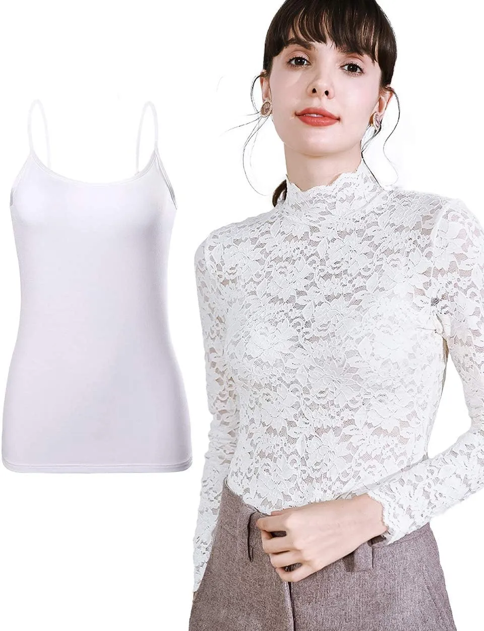 Women Floral Summer Lace Top Eyelash Trim Sexy Long Sleeves Plus Size Casual Dressy Shirt with Camisole Two Piece