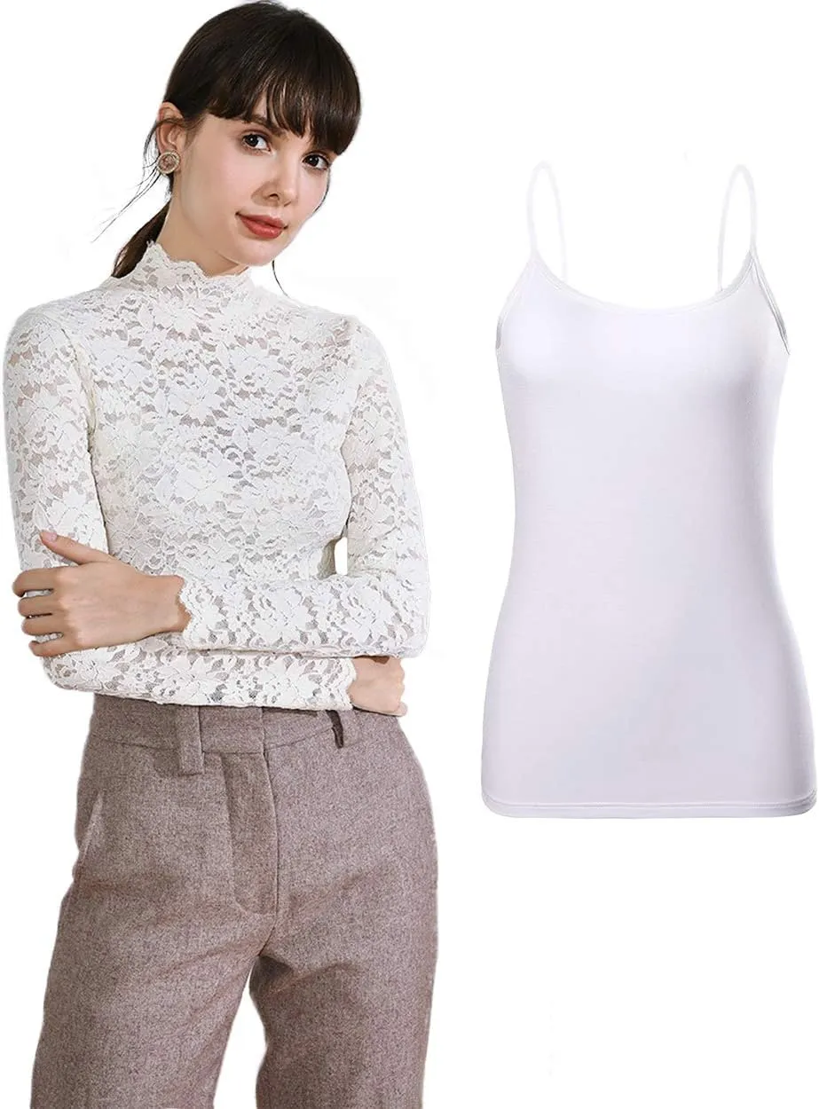 Women Floral Summer Lace Top Eyelash Trim Sexy Long Sleeves Plus Size Casual Dressy Shirt with Camisole Two Piece
