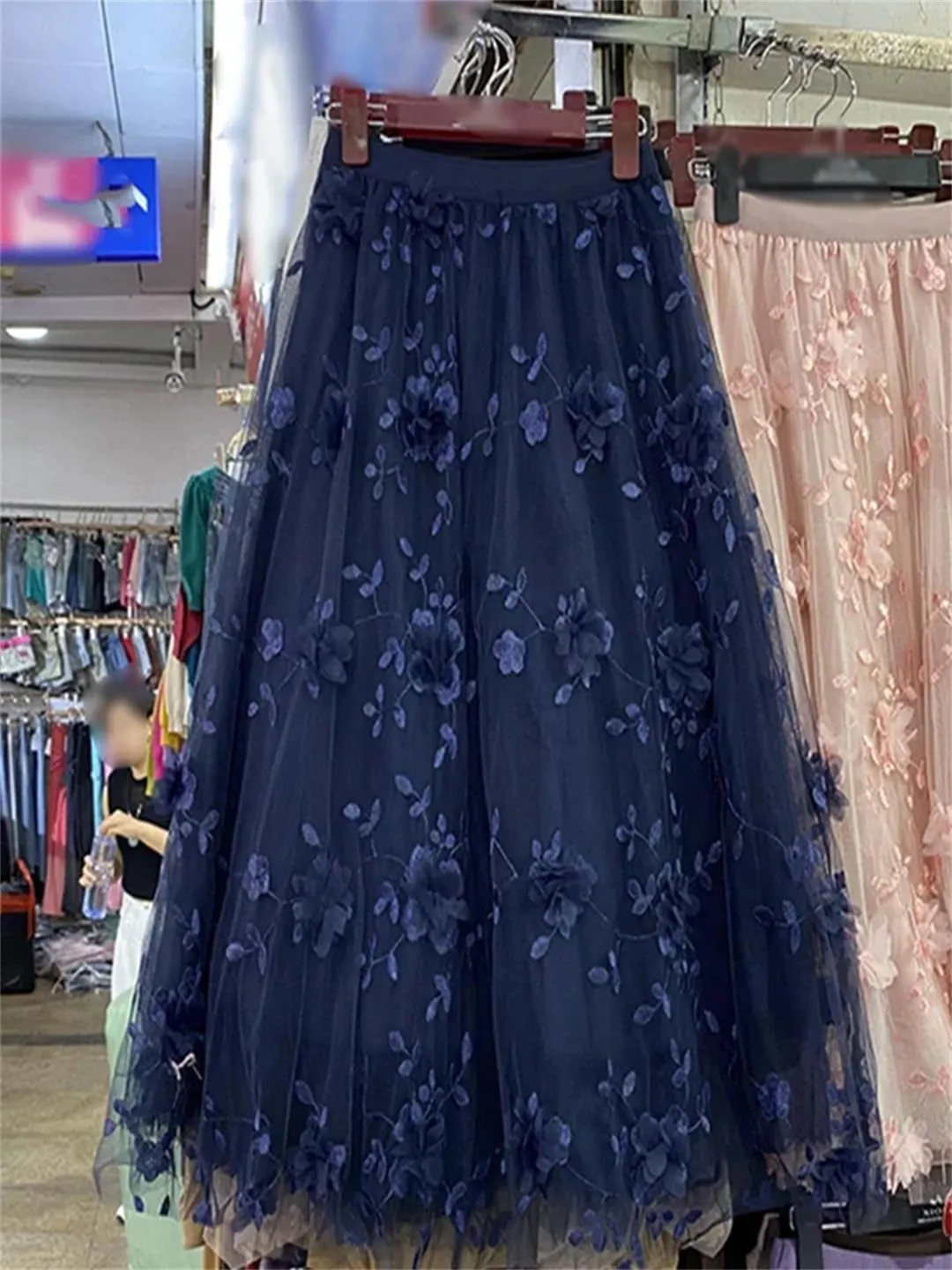 Women Mesh Patchwork Floral Female Long Skirt Ladies High Waist Pleated A-Line Swing Midi Skirts