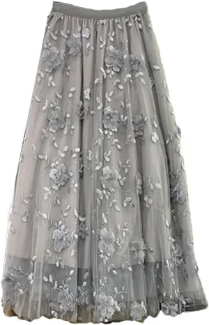 Women Mesh Patchwork Floral Female Long Skirt Ladies High Waist Pleated A-Line Swing Midi Skirts