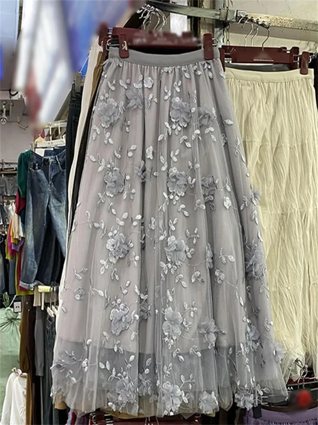 Women Mesh Patchwork Floral Female Long Skirt Ladies High Waist Pleated A-Line Swing Midi Skirts