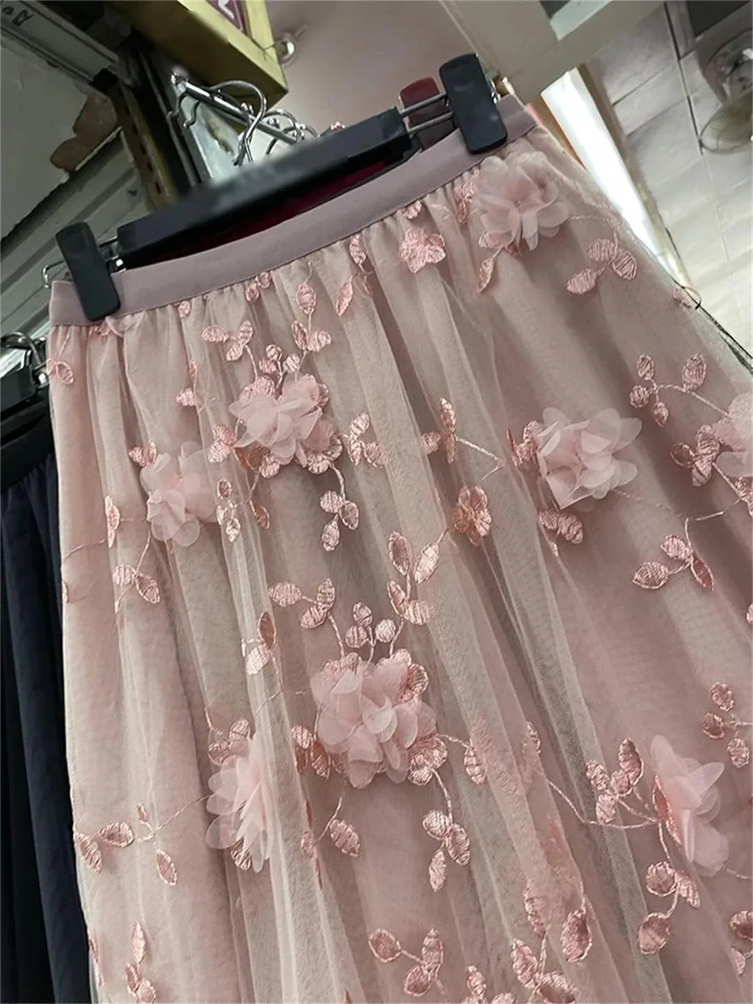 Women Mesh Patchwork Floral Female Long Skirt Ladies High Waist Pleated A-Line Swing Midi Skirts