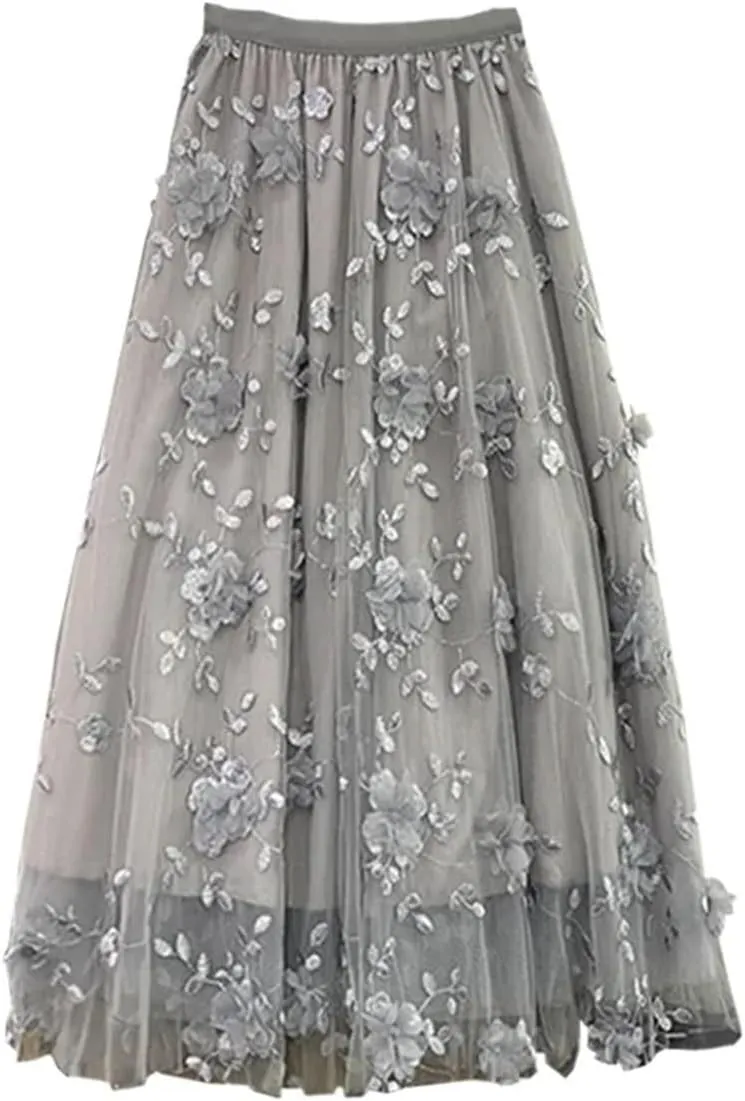 Women Mesh Patchwork Floral Female Long Skirt Ladies High Waist Pleated A-Line Swing Midi Skirts