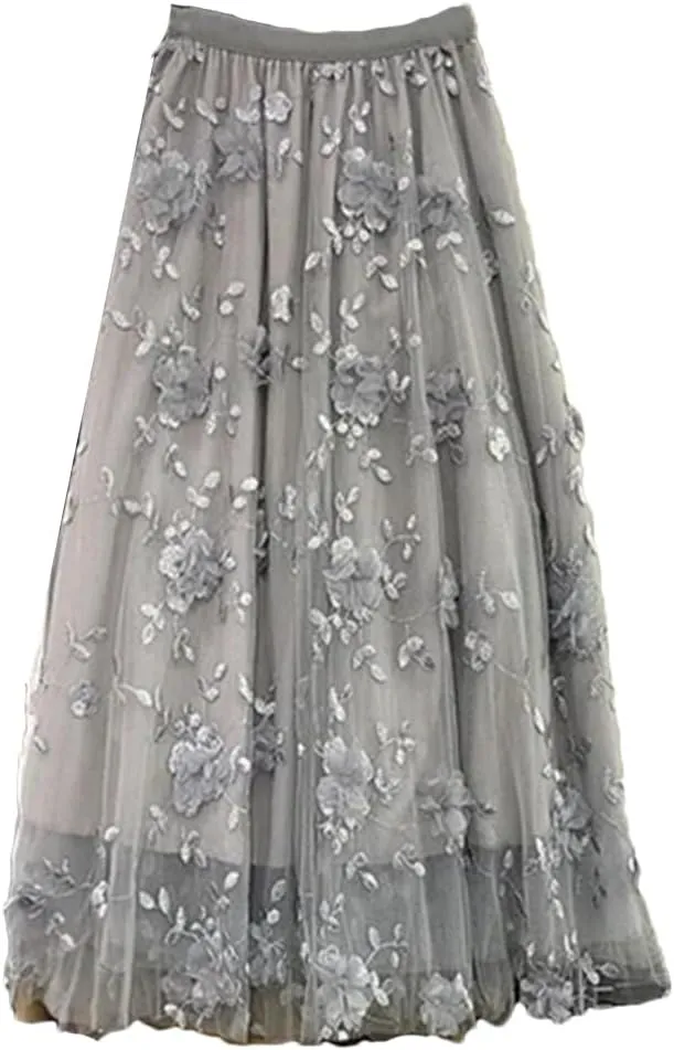 Women Mesh Patchwork Floral Female Long Skirt Ladies High Waist Pleated A-Line Swing Midi Skirts