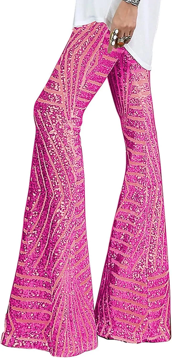 Women Sequin Bell Bottom Pants Glitter Sparkle High Waist Flared Wide Leg Shiny Trousers Night Out Clubwear