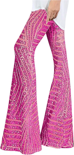 Women Sequin Bell Bottom Pants Glitter Sparkle High Waist Flared Wide Leg Shiny Trousers Night Out Clubwear