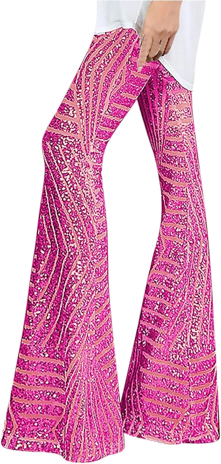 Women Sequin Bell Bottom Pants Glitter Sparkle High Waist Flared Wide Leg Shiny Trousers Night Out Clubwear