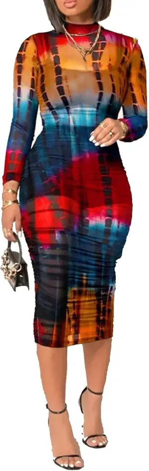 Women Sexy 3 Piece Outfits Set See Through Print Long Sleeve Midi Dress Sheer Mesh Crop Tank Tops Bodycon Skirt