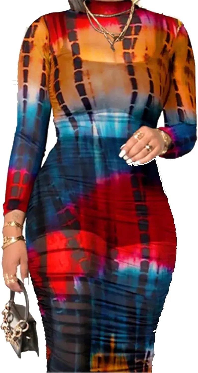 Women Sexy 3 Piece Outfits Set See Through Print Long Sleeve Midi Dress Sheer Mesh Crop Tank Tops Bodycon Skirt