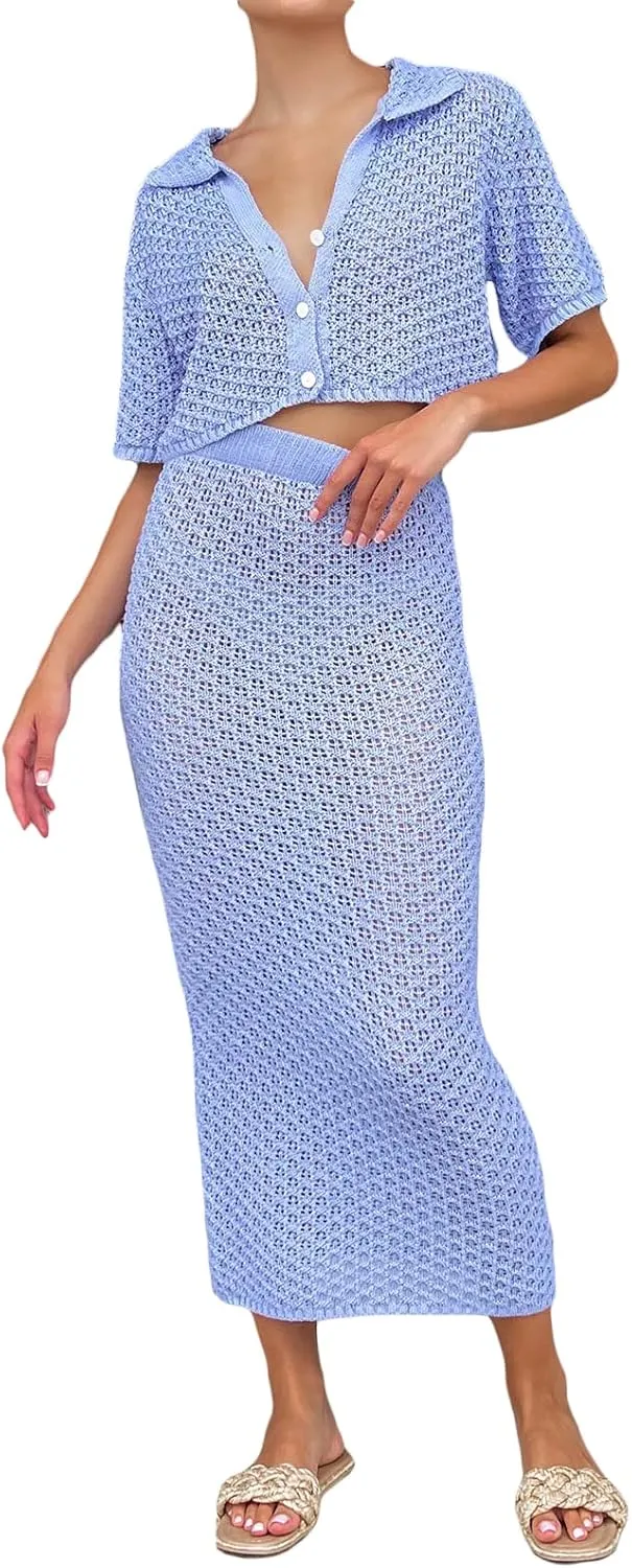 Women Summer Y2K Crochet Knitted Maxi Skirt 2PCS Sets Hollow Out Lace up Skirt Cover Ups Outfits Beachwear