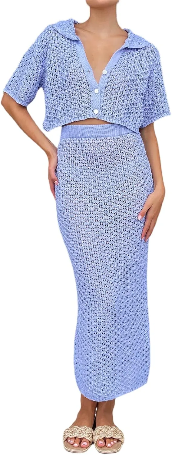 Women Summer Y2K Crochet Knitted Maxi Skirt 2PCS Sets Hollow Out Lace up Skirt Cover Ups Outfits Beachwear