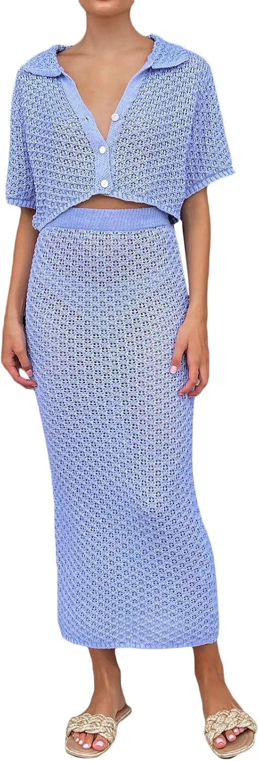 Women Summer Y2K Crochet Knitted Maxi Skirt 2PCS Sets Hollow Out Lace up Skirt Cover Ups Outfits Beachwear