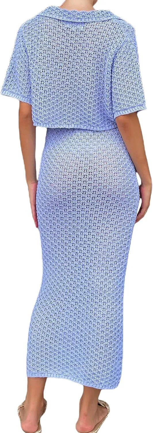 Women Summer Y2K Crochet Knitted Maxi Skirt 2PCS Sets Hollow Out Lace up Skirt Cover Ups Outfits Beachwear