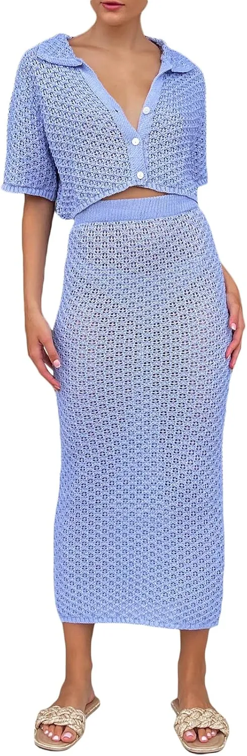 Women Summer Y2K Crochet Knitted Maxi Skirt 2PCS Sets Hollow Out Lace up Skirt Cover Ups Outfits Beachwear