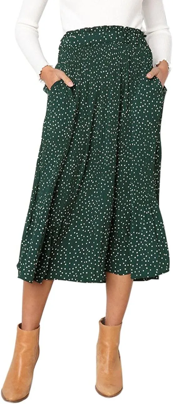 Women Trendy High Waist Ruffle Polka Dot Midi Swing Skirts Knee Length Boho Pleated Skirt with Pockets