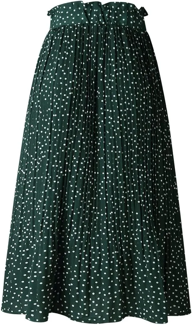 Women Trendy High Waist Ruffle Polka Dot Midi Swing Skirts Knee Length Boho Pleated Skirt with Pockets