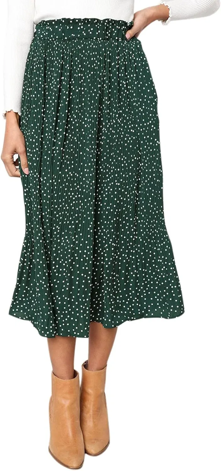 Women Trendy High Waist Ruffle Polka Dot Midi Swing Skirts Knee Length Boho Pleated Skirt with Pockets