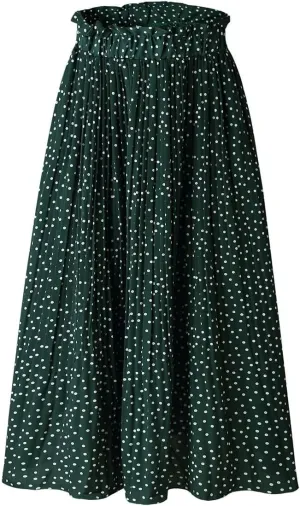 Women Trendy High Waist Ruffle Polka Dot Midi Swing Skirts Knee Length Boho Pleated Skirt with Pockets
