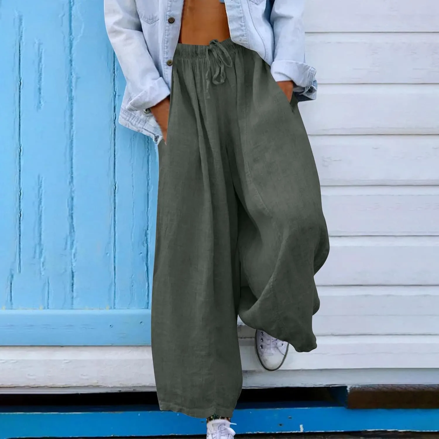 Women Wide Leg Palazzo Pants 2025 Summer Casual Loose Cotton Linen Pant Spring High Waist Flowy Beach Trousers Outfits