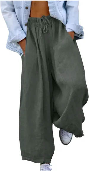 Women Wide Leg Palazzo Pants 2025 Summer Casual Loose Cotton Linen Pant Spring High Waist Flowy Beach Trousers Outfits