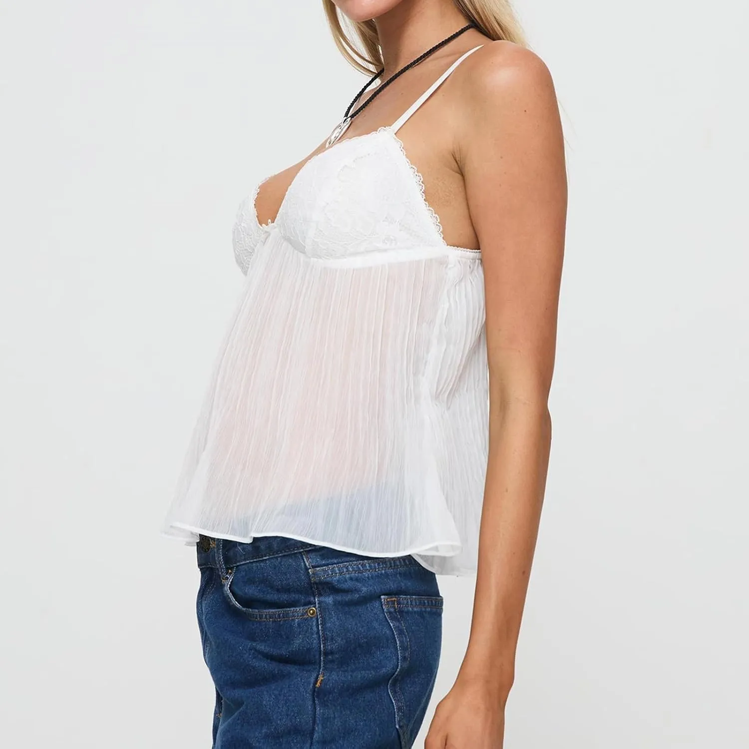 Women Y2K Mesh Camisole Top Sexy Spaghetti Strap Backless See Through Crop Vest Bustier Going Out Tops Streetwear