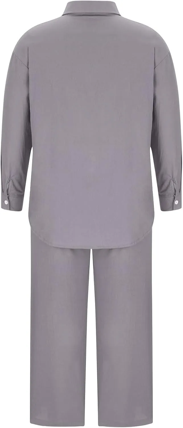 Womens 2 Piece Cotton Linen Sets Plus Size Lounge Outfits Long Shirts Plus Size Long Pants Tracksuit Sweatsuits