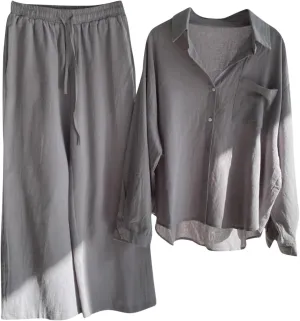 Womens 2 Piece Cotton Linen Sets Plus Size Lounge Outfits Long Shirts Plus Size Long Pants Tracksuit Sweatsuits