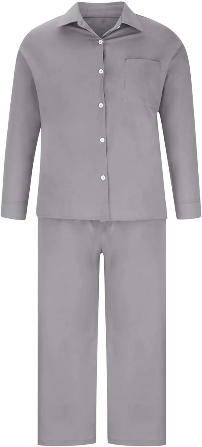 Womens 2 Piece Cotton Linen Sets Plus Size Lounge Outfits Long Shirts Plus Size Long Pants Tracksuit Sweatsuits