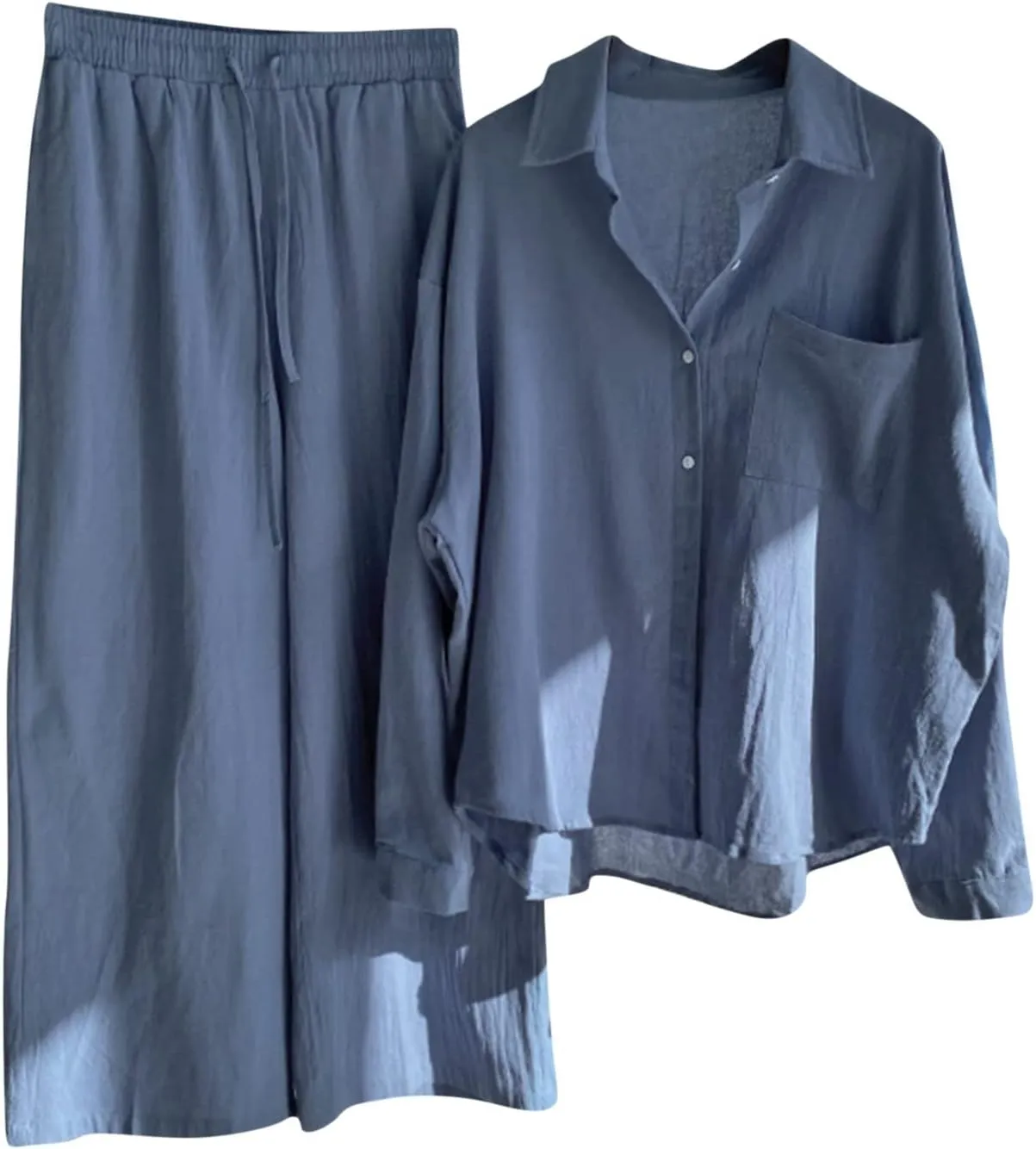 Womens 2 Piece Cotton Linen Sets Plus Size Lounge Outfits Long Shirts Plus Size Long Pants Tracksuit Sweatsuits