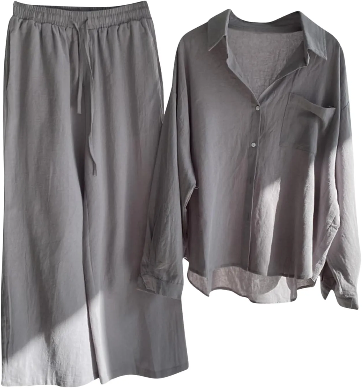 Womens 2 Piece Cotton Linen Sets Plus Size Lounge Outfits Long Shirts Plus Size Long Pants Tracksuit Sweatsuits