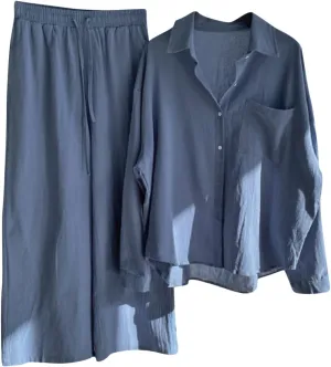 Womens 2 Piece Cotton Linen Sets Plus Size Lounge Outfits Long Shirts Plus Size Long Pants Tracksuit Sweatsuits