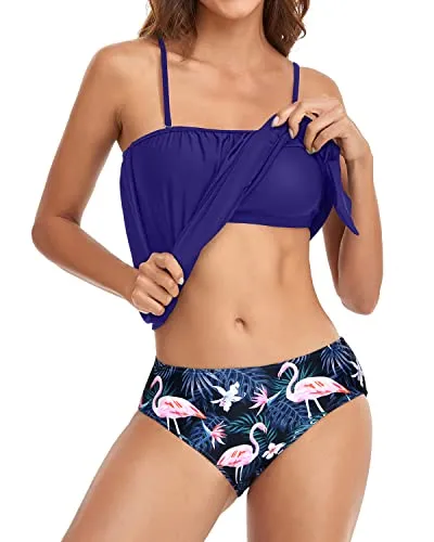 Womens Bandeau Tankini With Removable Straps-Blue Flamingo