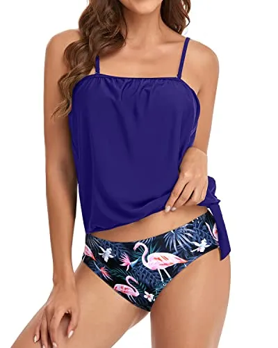 Womens Bandeau Tankini With Removable Straps-Blue Flamingo