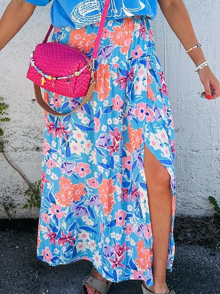 Women's Boho Floral Print Maxi Skirt Fashion Side Slit Elastic High Waist Skirts Casual Loose Fit Vacation Outfits